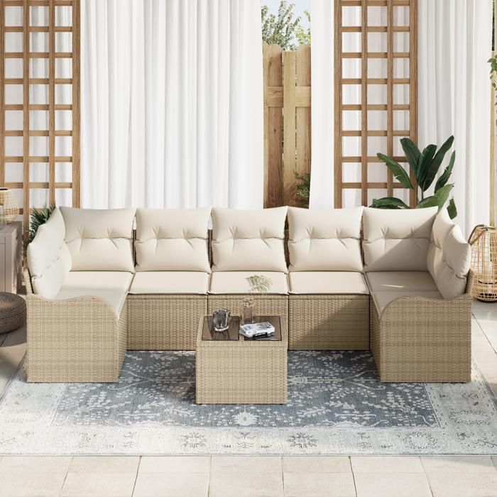 Set de canapé de jardin 8 pièces vidaXL avec coussins beige en polyrotin, Sofa de jardin 2 places vidaXL avec coussins beige 3345621