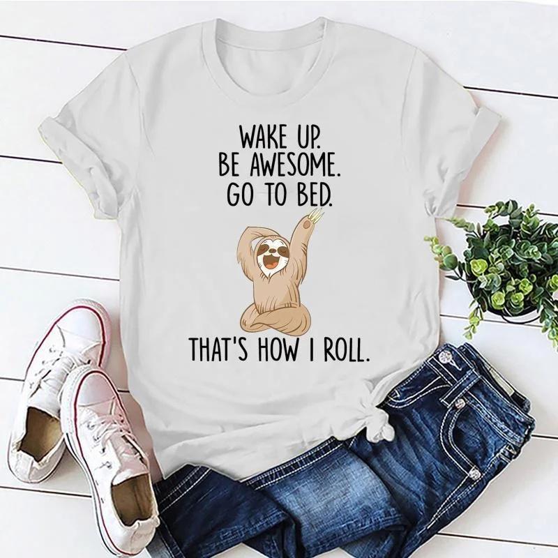 

Милые футболки с принтом «Ленивцы, просыпайся, будь потрясающим, отправляйся спать» для женщин, летние милые повседневные футболки с коротким рукавом XXXL белый