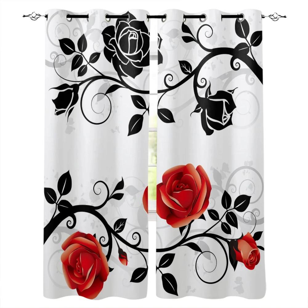 Red Rose Black Vine Spiral Leaves Print Window Curtains Luxury European Curtains for Living Room Balcony Hotel Cafe Drapes