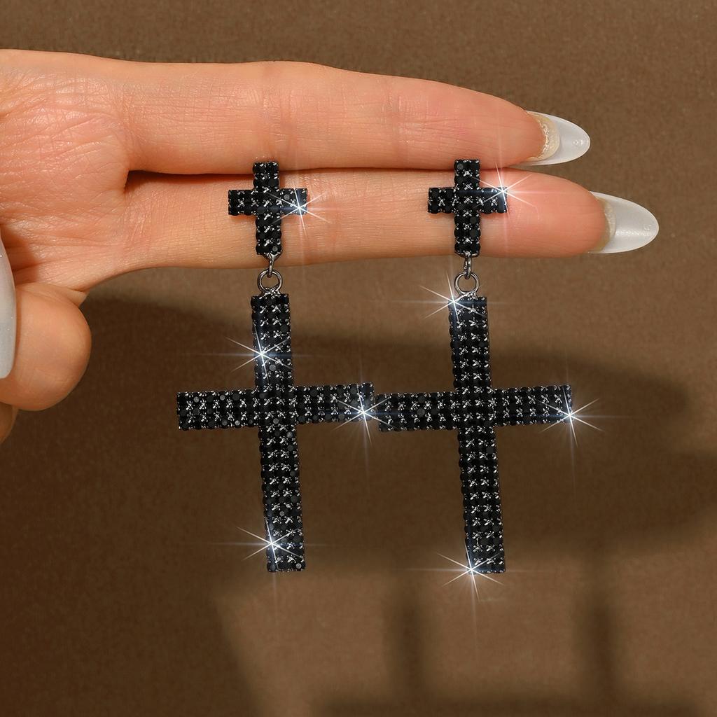 Cross Rhinestone Earrings Long Full Diamond High-End Fashion Earrings Women'S Earrings