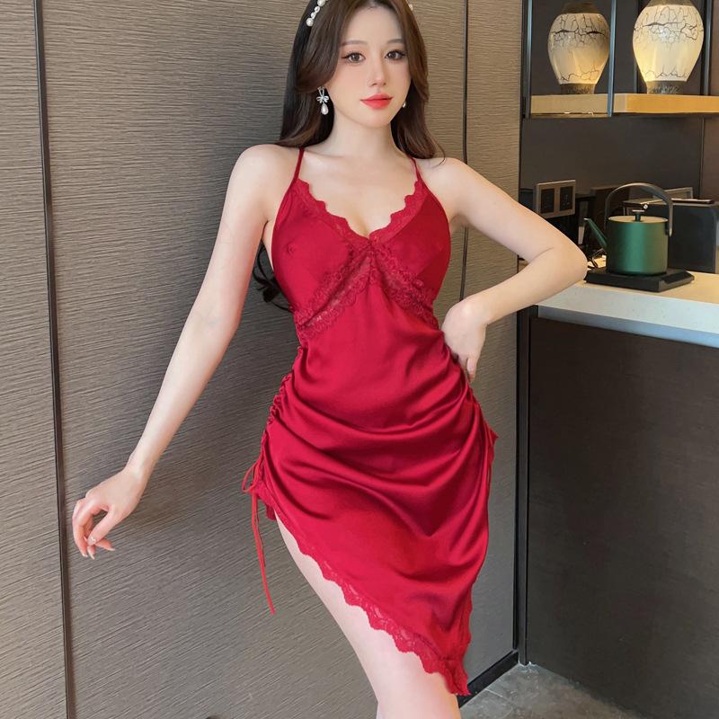 Sexy Nightgown Women's Summer Ice Silk Thin Pure Desire Wind Lace Suspender Pajamas Sexy Temptation Hanging Skirt with Chest Pad