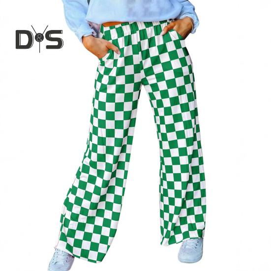 Damenhose, elastisch, hohe Taille, karierter Druck, weites Bein, Freizeithose, lockere Passform, Hose für Urlaub, Arbeit, Alltag