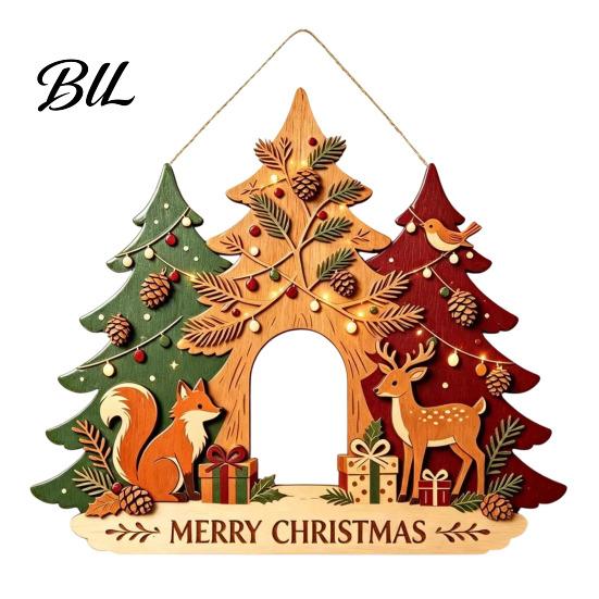 Multi Layered Tree Wall Art Christmas Wooden Sign Hanging Ornament, Multi-Layer Wood Plaque Rustic Holiday Decor with Rope, Merry Festive Door