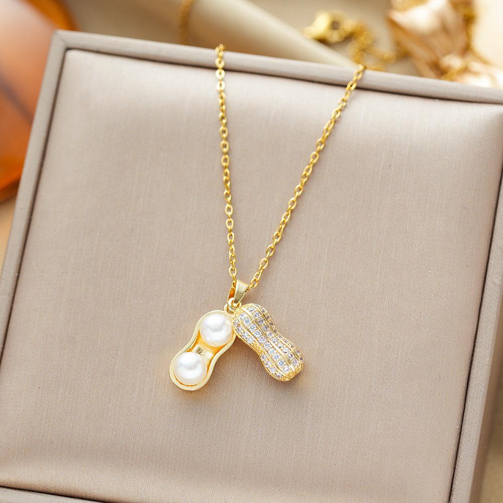 

Titanium Steel Necklace with Micro-Set Pearl Peanut Pendant Minimalist Luxury Collarbone Chain Jewelry