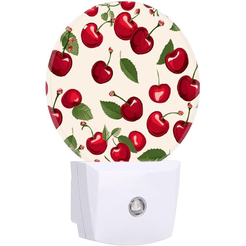 Red Cherry Pattern Night Light Plug-in Wall NightLights with Dusk to Dawn Sensor, LED Auto-On/Off Nightlight for Bedroom, Bathroom, Hallway,