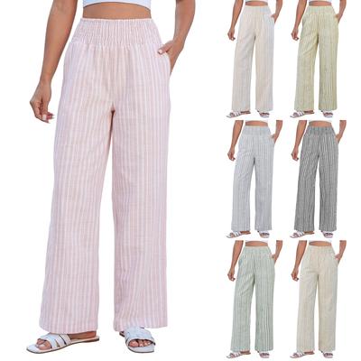 Ladies' Casual And Fashionable High Waist Wide Leg Striped Linen Pants