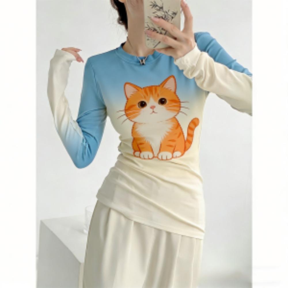 Spring Europe America Cat Leopard Print Fashion Women's T-shirt Pullover Women Long Sleeve Clothing Outdoor Casual Tees Top