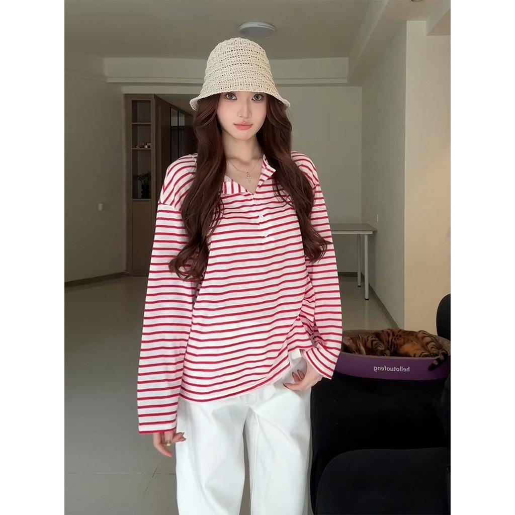 [Sunscreen fabric] Thin sunscreen blouse top women's early autumn new design stripes loose and thin T-shirt