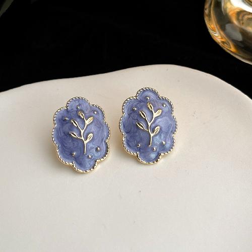 Retro oil painting flower earrings French super fairy purple oil drop earrings high-end earrings
