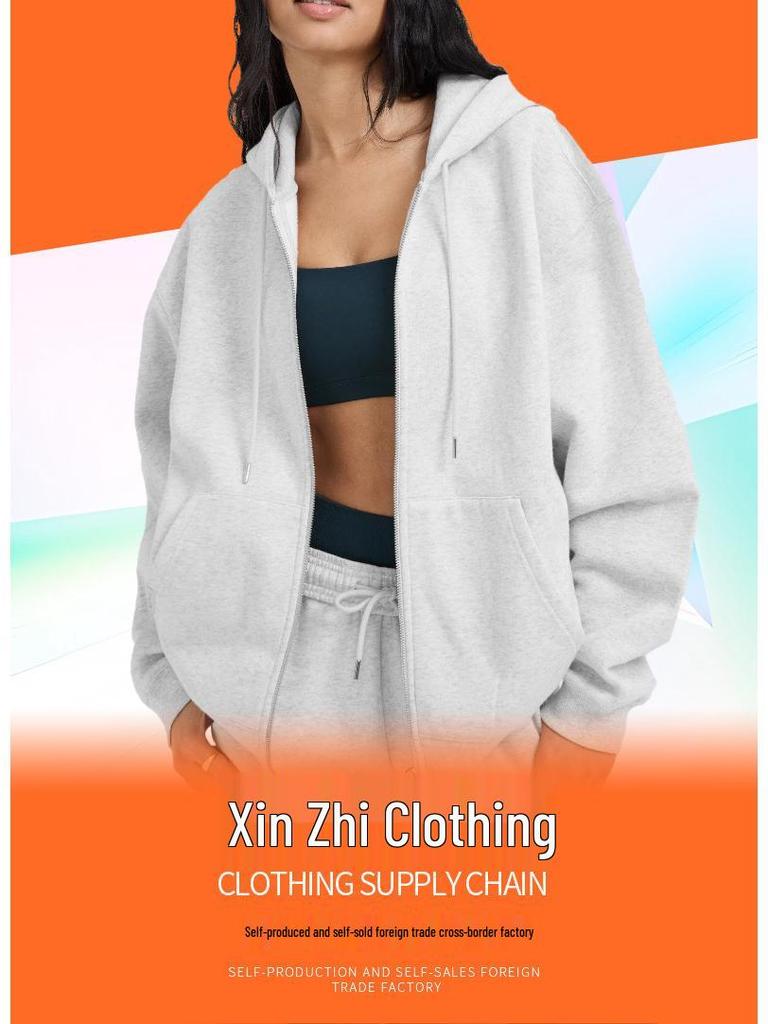 Damen Einfarbiger Lockerer Hoodie, Dicker Reißverschluss Cardigan, Herbst Winter Langarm Freizeit Sportbekleidung.