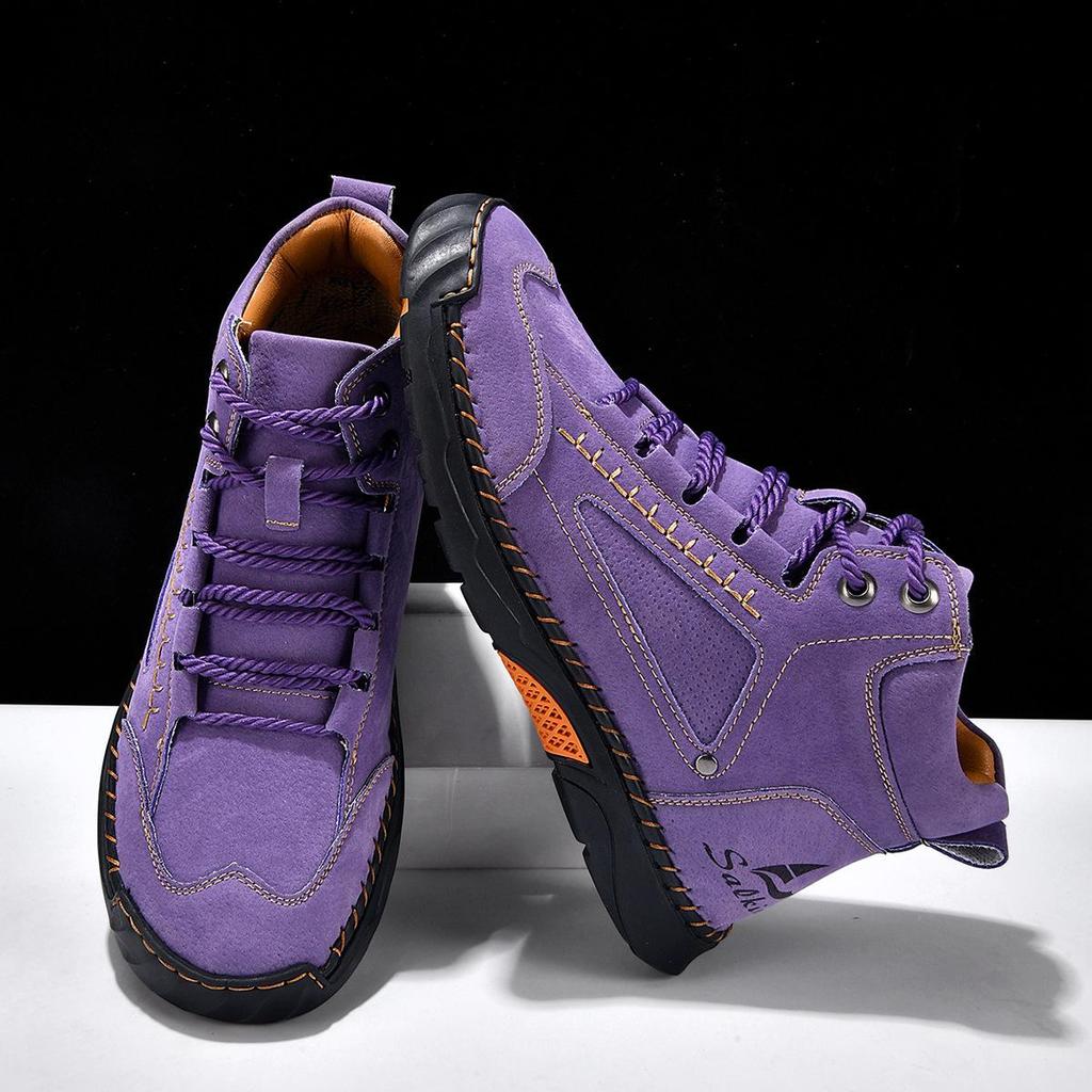 Plus Size Women's Handmade Leather Ankle Boots - Fashionable Stitching, Flat Bottom, Lace-up, Short Casual Shoes