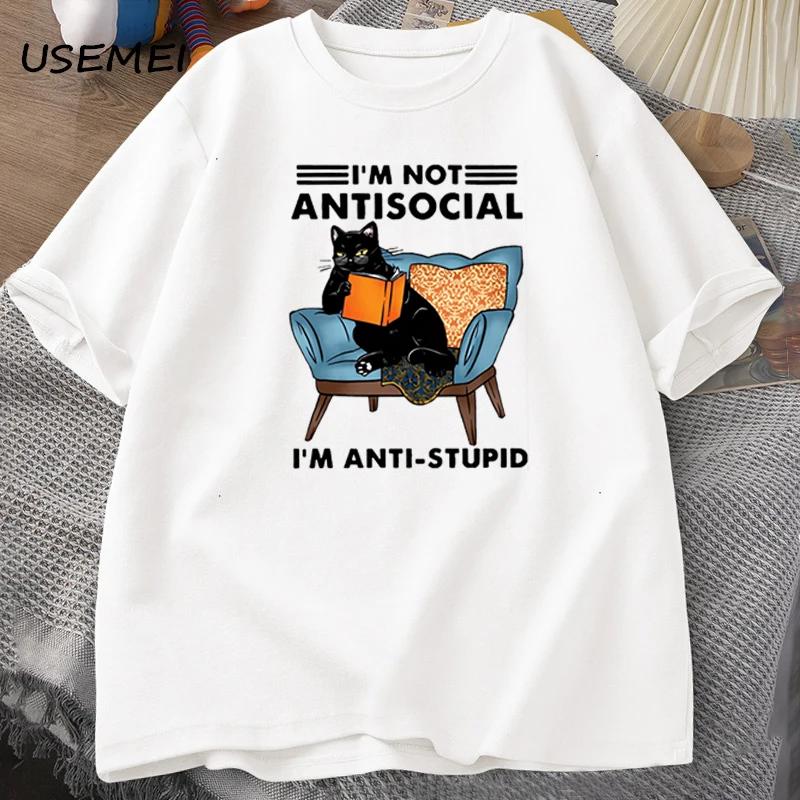 Funny Cat Reading Book T-Shirts Graphic Tees Cotton Mens Clothing O Neck Meme Short Sleeve Tees Harajuku Fashion Womens Oversize