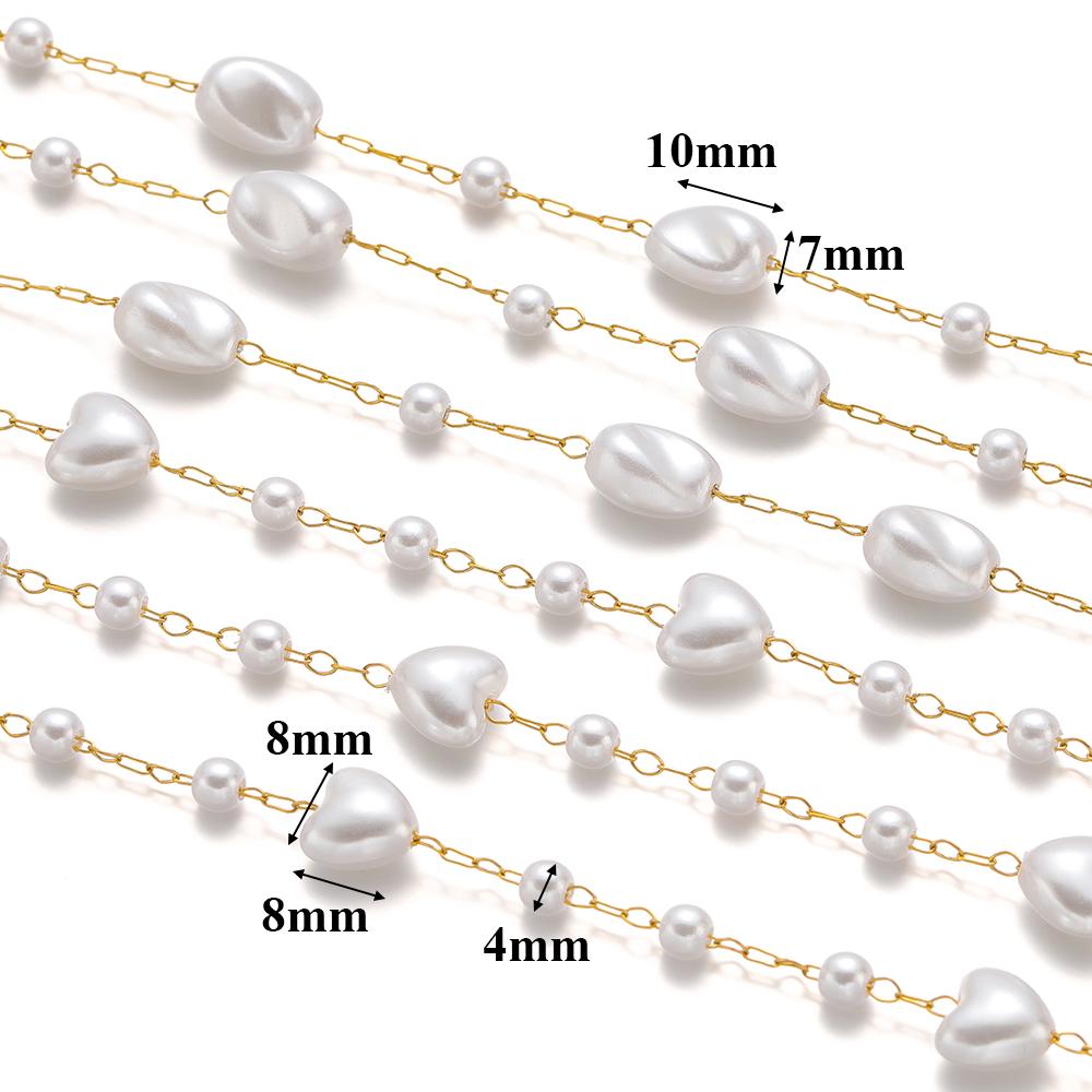1 Meter Stainless Steel Heart Oval Beads Artificial Pearl Chains for DIT Jewelry Making Exquisite Necklace Bracelet Supplies