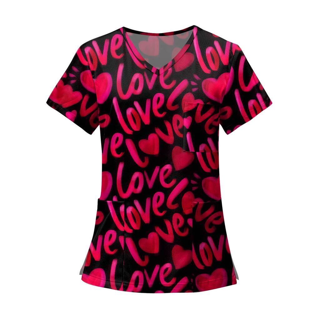 Women's Fashion Printed Short Sleeve V Neck Pattern Tops Pocket Working T-shirts