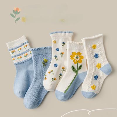 5 Paar Frühling Herbst Kinder Socken Für Mädchen Neu Literarisch Vintage Prinzessin Frisch Spitze Blume Mittelhoch Baumwollsocken 1-12 Jahre