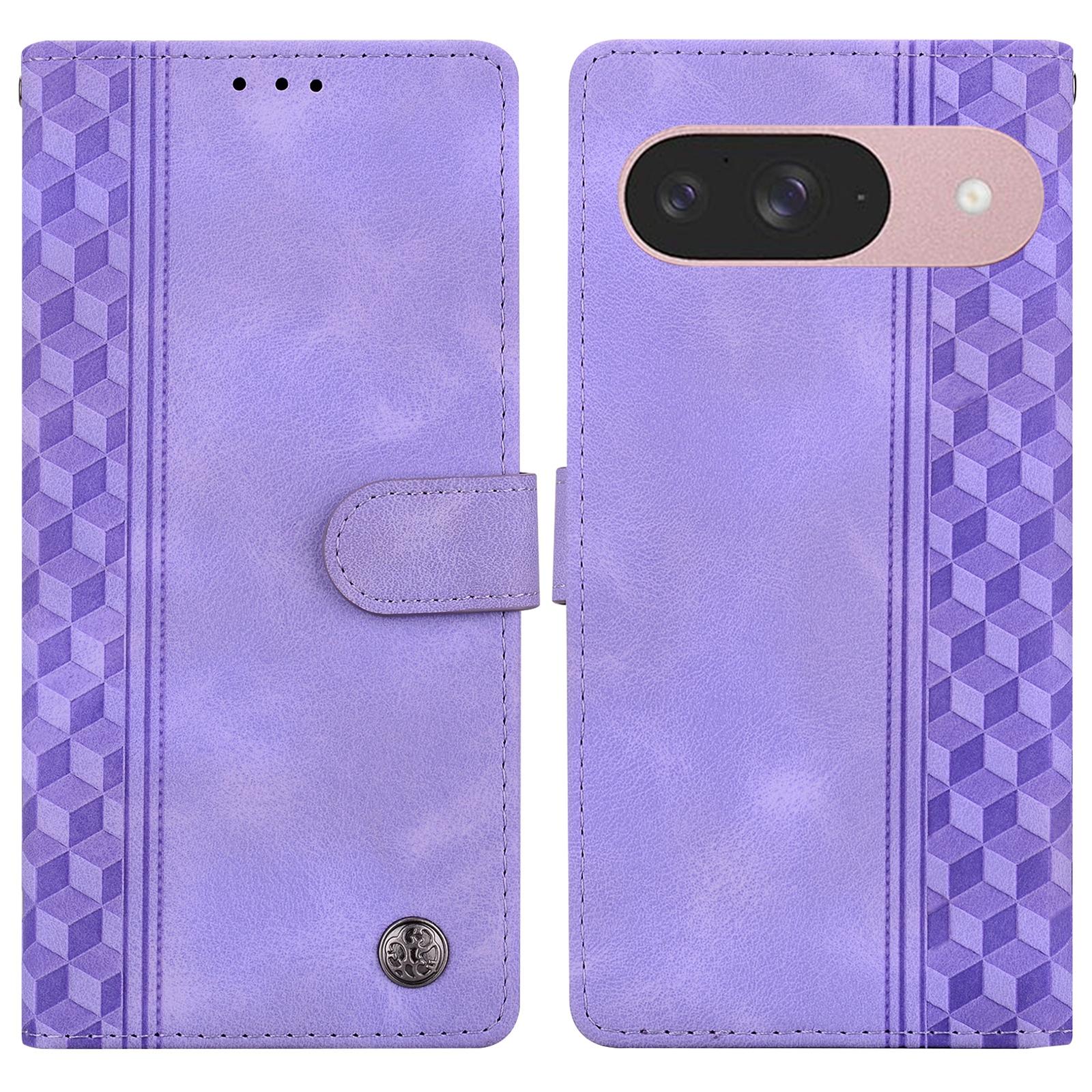 

For Google Pixel 9 Pro/Pixel 9 Leather Case Imprinted Checkered Pattern Wallet Stand Flip Phone Cover Purple