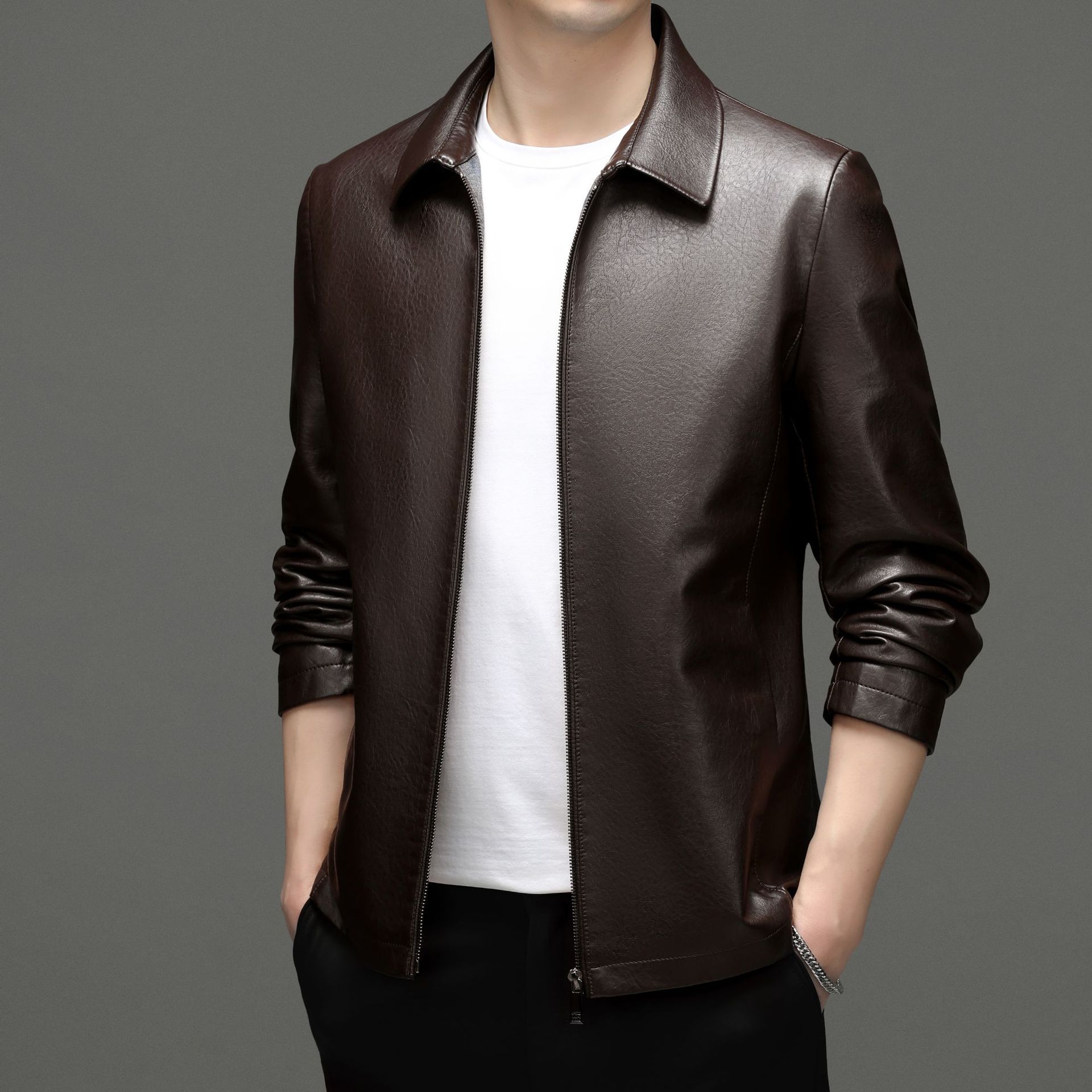 

Деловая утолщенная кожаная куртка плюс мягкая повседневная куртка на осень и зиму для молодых и средних мужчин с лацканами, тонкая кожаная куртка в корейском стиле 195