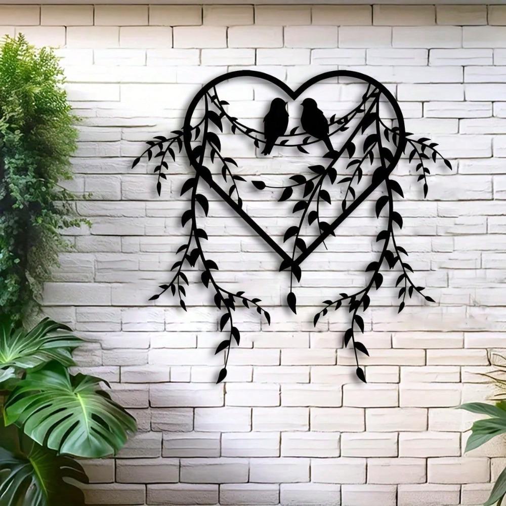 1pc Elegant Bird And Ivy Metal Wall Art - Black Heart Shaped Branch Decor, Suitable For Bedroom, Indoor Outdoor Courtyard
