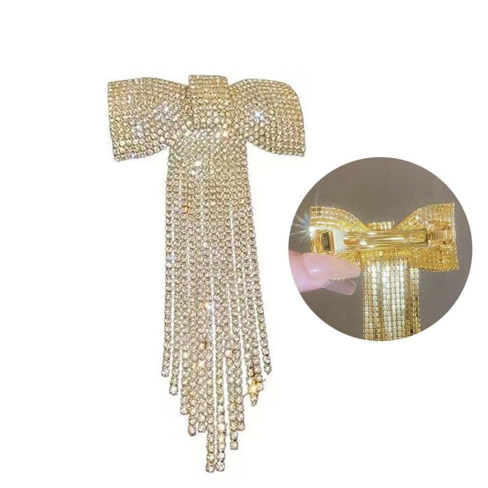 Rhinestone Bow Fringe Hairpin Long Tassel Gold Silver Color Luxury Hair Accessories Temperament Temperament Hair Clip for Women