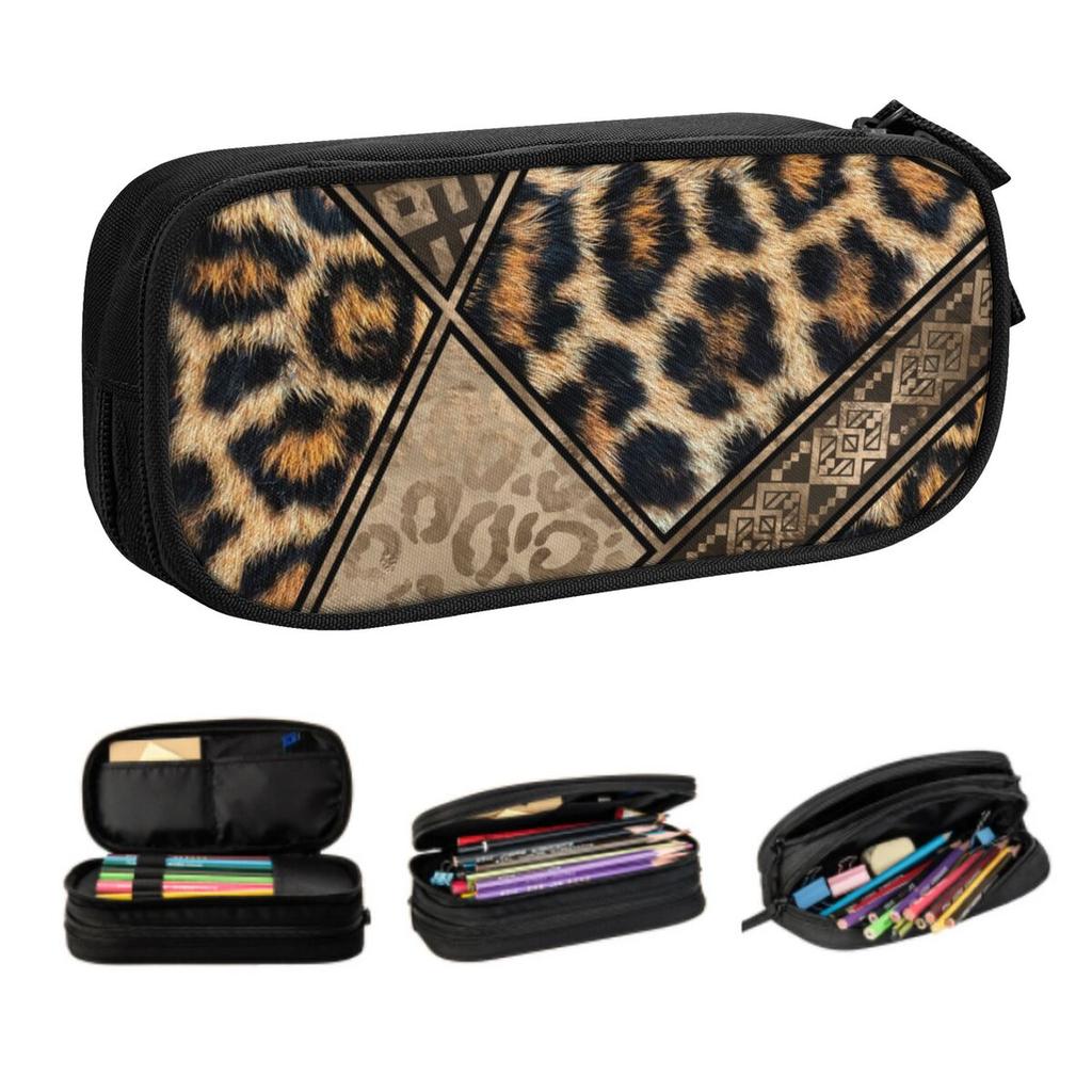 Custom Leopard Fur Ethnic Tribal Geometric Ornaments Pencil Case for Big Capacity Animal Leather Texture Pencil Pouch Stationery