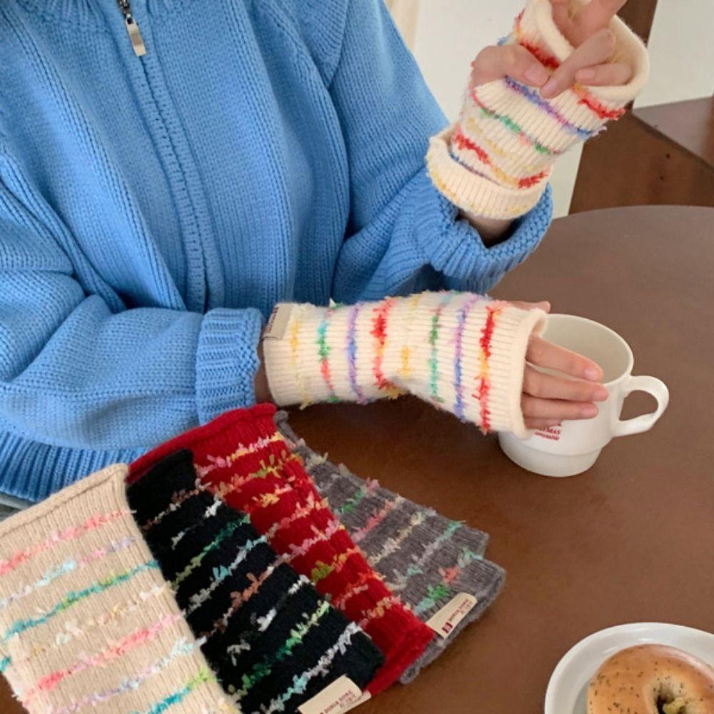 Thickened Stripes Knitted Gloves Y2k Fingerless Mittens Kawaii Women Winter Gloves  Student