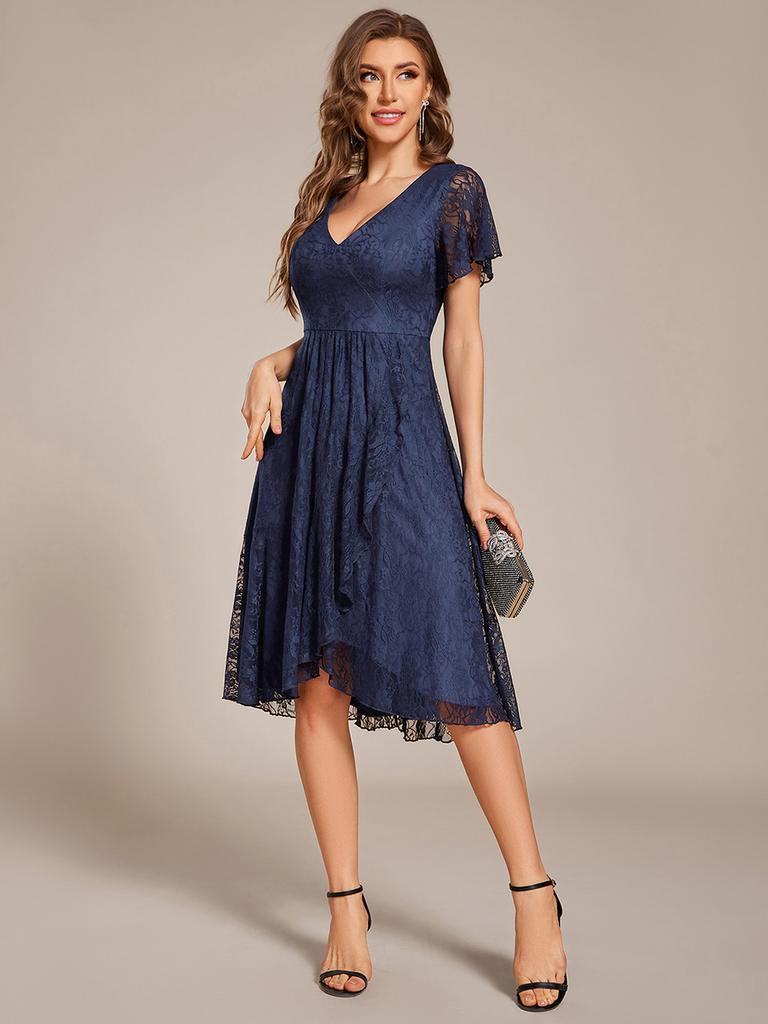 Ever-Pretty Women's V-Neck Short Sleeve Ruffled Lace Lotus Hemline Midi Wedding Guest Dress