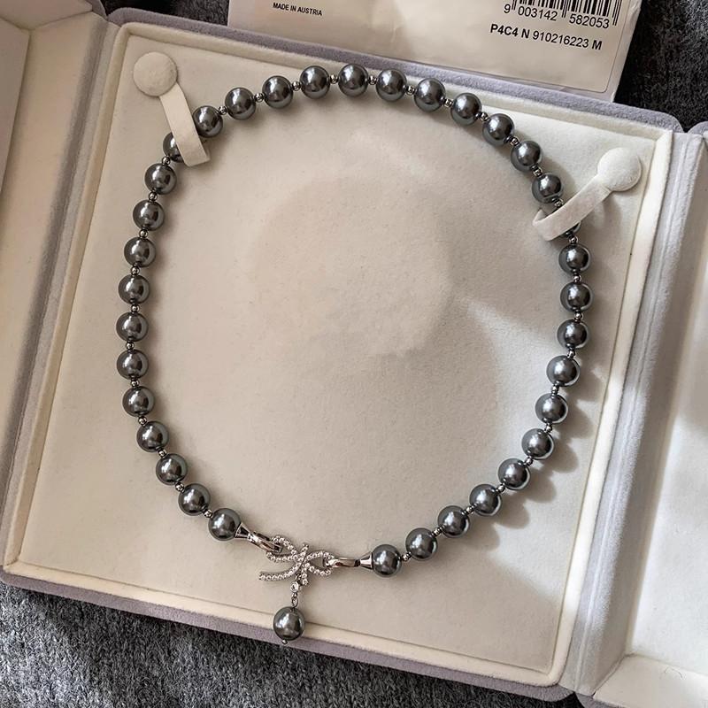 Tahiti Black Shijia Pearl Zircon Bow Pendant Pearl Necklace Fashion Temperament Bracelet Sweater Chain