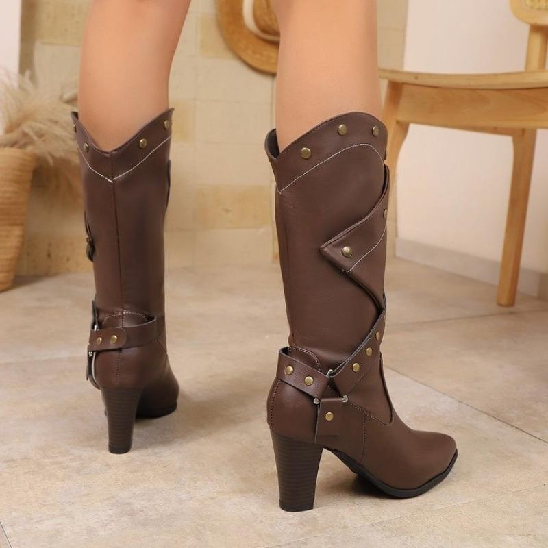 Women Boots Retro Rivet Design High Heel Boots Quality Leather Mid-calf Boot Temperament Pointed Women High-heeled Leather Boots