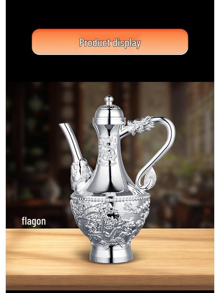 Dragon & Phoenix Wine Set: Silver Pot, Silver-Plated & Gold-Plated Cups, Five-Piece Set in Leather Box.