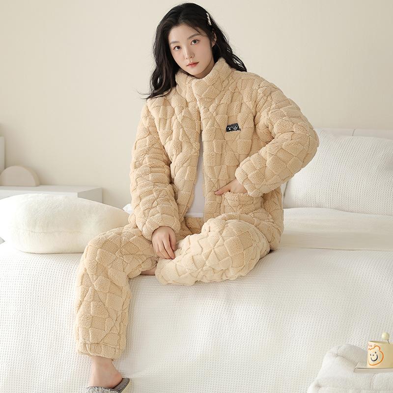 [Super Thick] Women's padded pajamas, thickened three-layer warm coral fleece padded jacket, high-collar loungewear set in winter