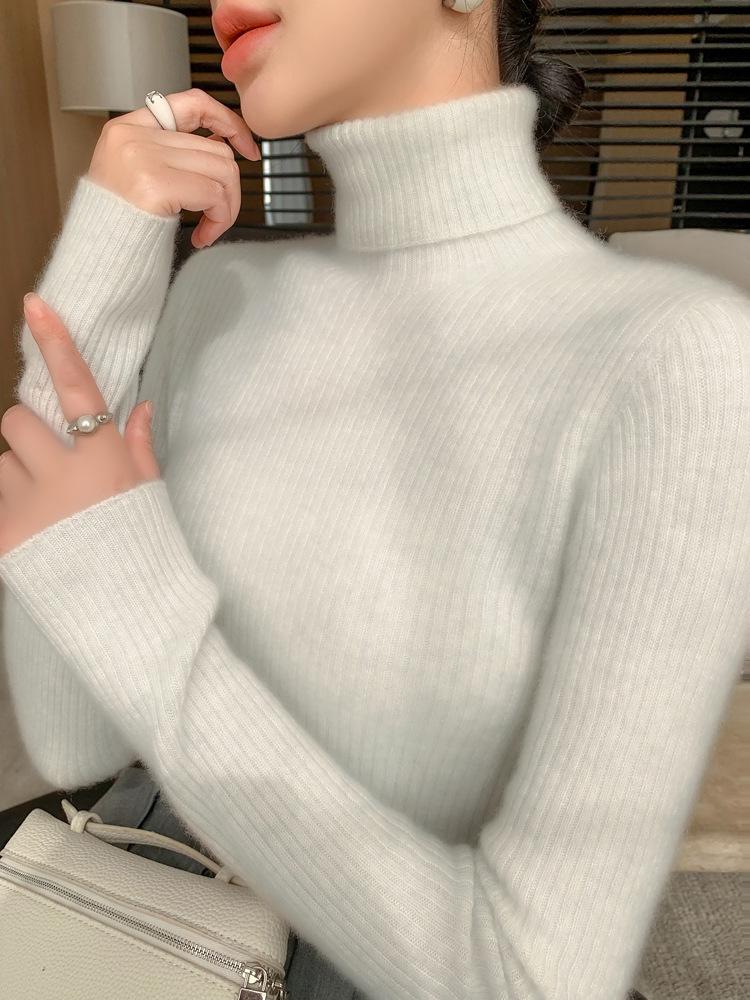 Women's Seamless Cashmere High-Neck Ribbed Sweater, Slim Fit, Body-Shaping, Slouchy Neck, Knit.