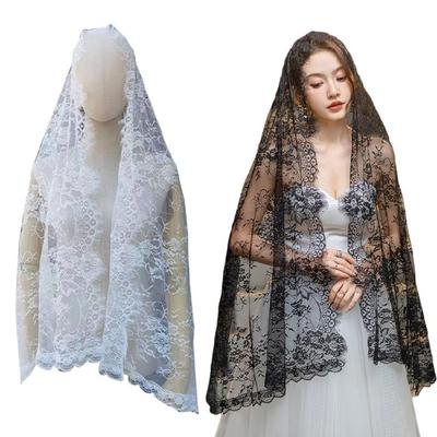 Lace Border Bridal Veil Halloween Make Up Mantilla Length Appliques Elegant Veil for Catholic Prayer Service