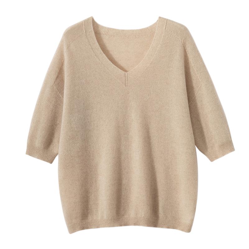Women's V-Neck Short Sleeve Cropped Cashmere Sweater - Loose Knit Base Layer for Autumn/Winter