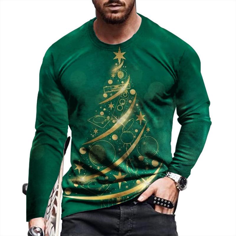 Round Neck 3D Christmas Pattern Top Casual Long Sleeved Men's T-shirts - Soft Medium Stretch Polyester Fabric Spring and Autumn Relaxed Fit Clothing