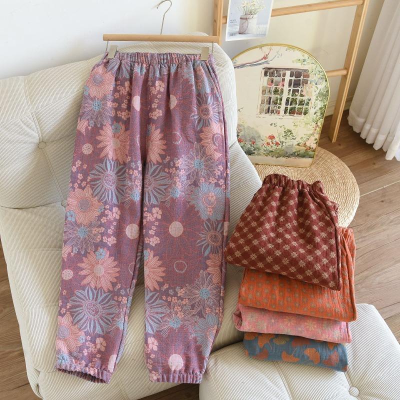 2026 New Spring/Summer Women's Sleeper Pants 100% Cotton Gauze Jacquard Retro Color Knitted Pants Loose Closure Home Pants