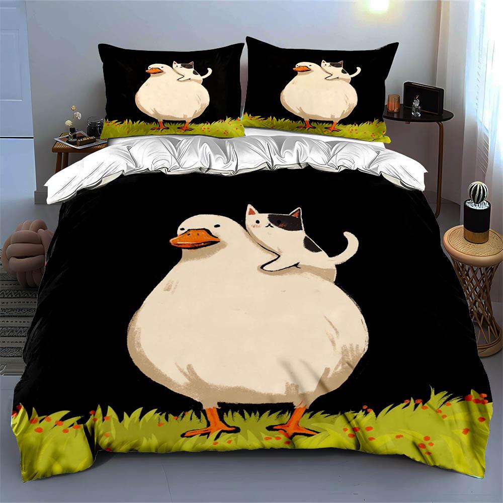 Duck carrying cat. Bedding Duvet cover sets Duvet covers Pillowcases gifts (1 * Duvet Cover 2 * Pillowcases, without duvet insert)
