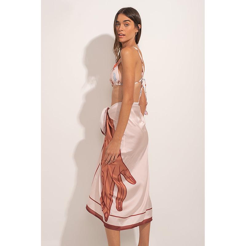 

Европейский и американский стиль отпуска Завязывающаяся шелковистая миди-юбка для пляжа с принтом - Хит продаж One Size бежевый