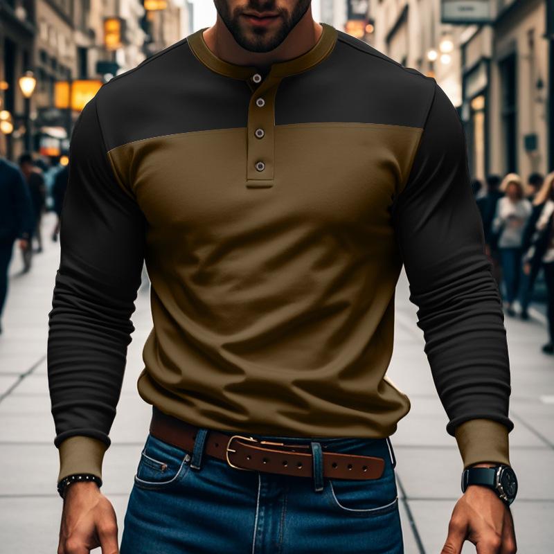 Vintage Patchwork Mens Crew Neck T Shirts Autumn Long Sleeve Contrast Color Buttoned Tops for Men Casual Slim Pullover Male Tees