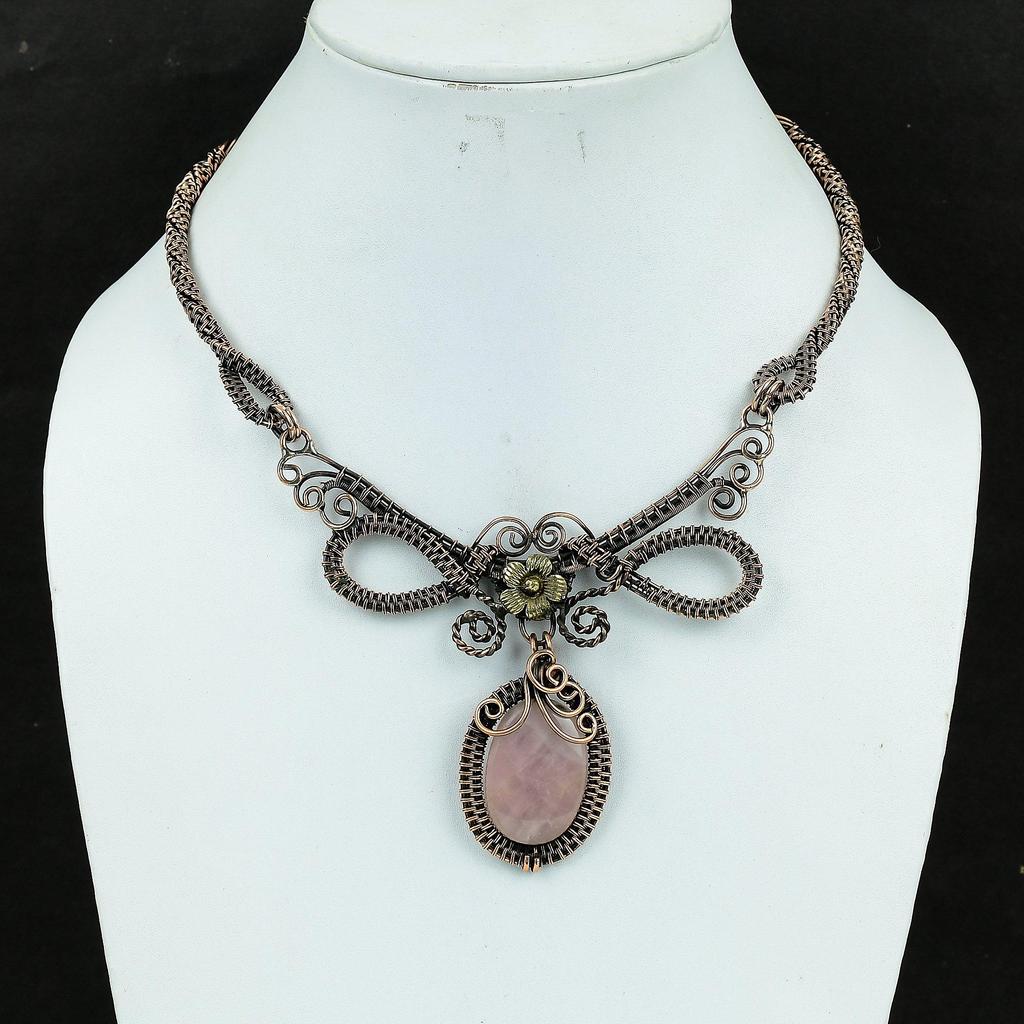 Rose Quartz Necklace Handmade Jewelry, 999 Copper Wire Wrapped Necklace Designer Gemstone Jewelry Adjustable Chain Necklace Gift For Mom