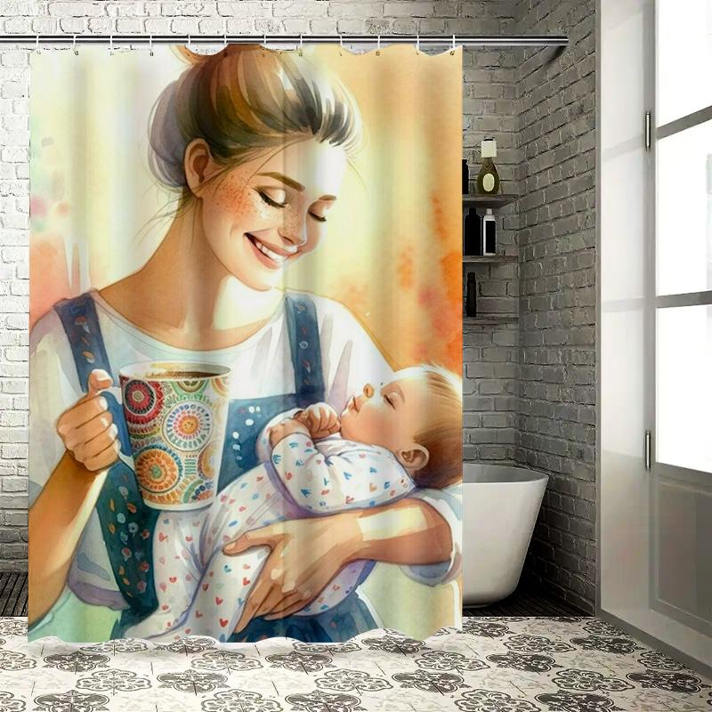 Watercolor Mother with Sleeping Baby and Coffee Design Waterproof Shower Curtain for Modern Bathroom Decor