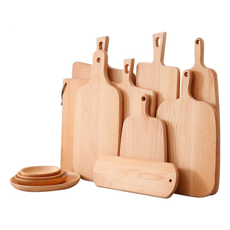 Japanese Style Beech Wood Chopping Board with Handle, Double-Sided, Hangable for Bread, Pastry Storage and Display.