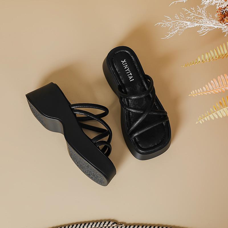 thick-soled muffin shoes Roman fairy style sandals women's summer new heightened slope heel square head cross with cool slippers