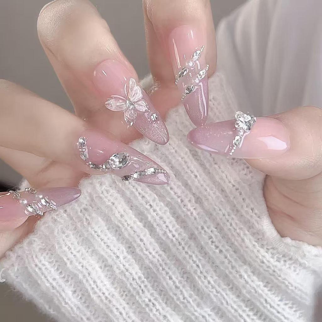 Ethereal 3D Butterfly & Snake Rhinestone Cat Eye Long Nude Nails