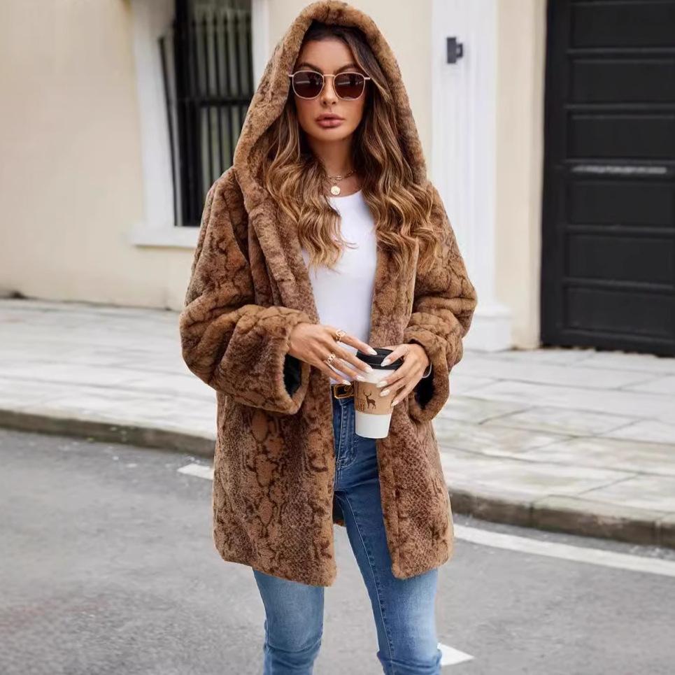 Leopard print plush thermal coat women's imitation fur coat cold coat multi-color