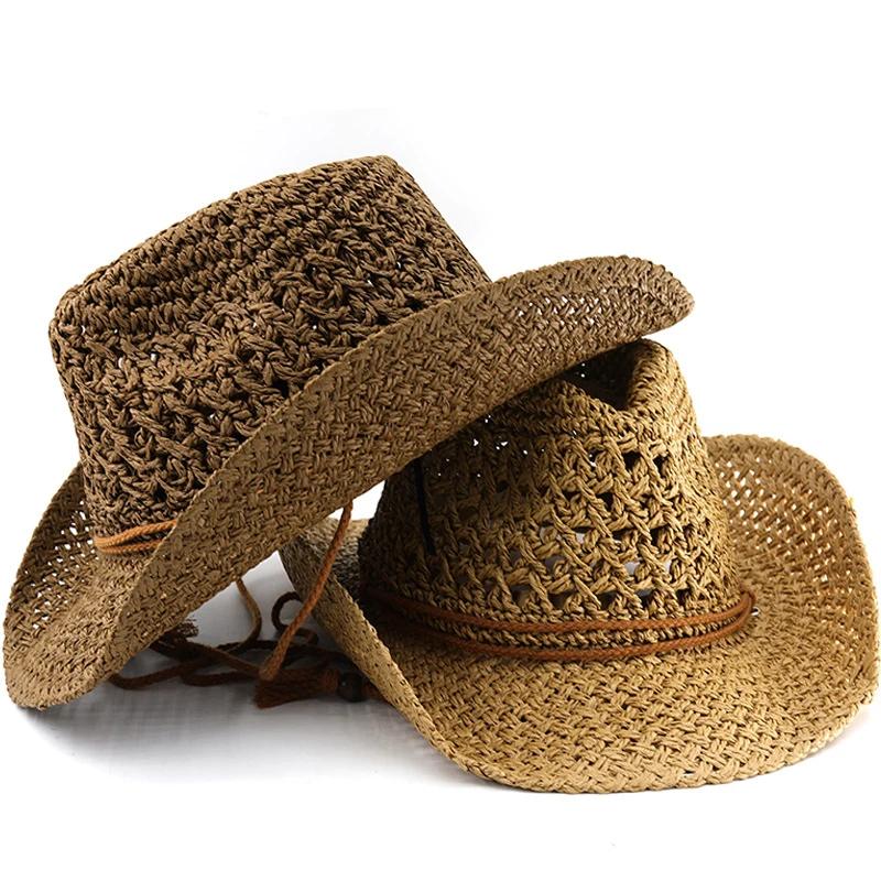 Cappello di Paglia Western Cowboy Vintage Estivo da Donna in Rete Traspirante Cappellino Panama Stile Etnico da Viaggio Spiaggia Cappelli Parasole