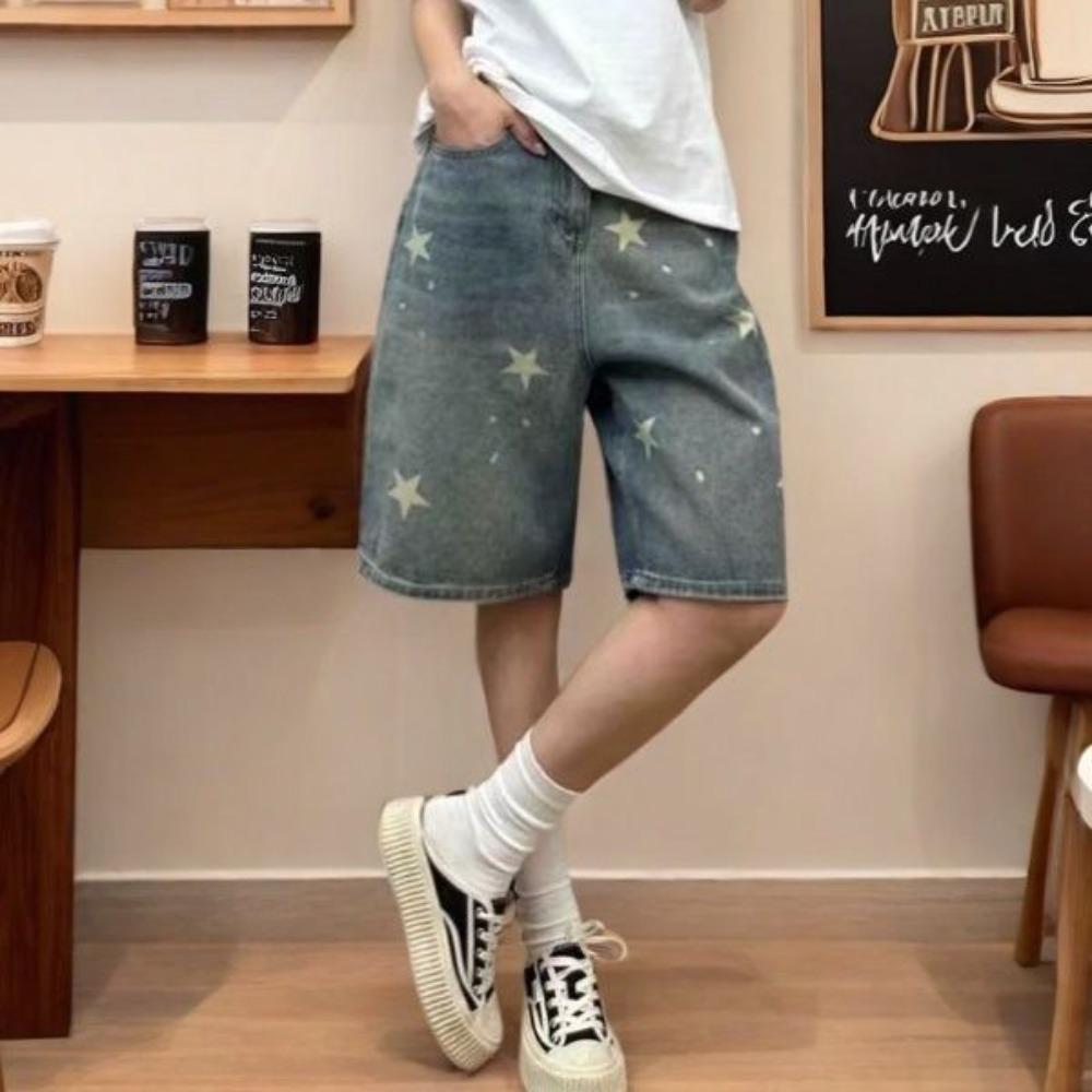 Women s High Waist Star Print Vintage Washed Denim Shorts Loose Wide Leg Culottes S