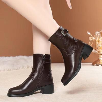 4,5 cm Vintage Zacht Leer Gesp Platform Schoenen Dames Laarzen 2025 Winter Midden Vierkante Hakken Korte Vacht Pluche Enkellaarsjes Motorlaarzen
