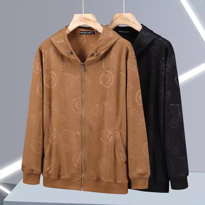Plus Size Spring and Autumn Enlarged Men's Hooded Cardigan Jacket Loose Zipper Jacket Hooded Fashion Printed Jacket