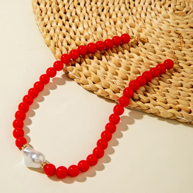 Boho Beaded Jewelry Set Irregular Imitation Pearl Charm Necklace Bracelet for Summer Beach Vacation Accessory