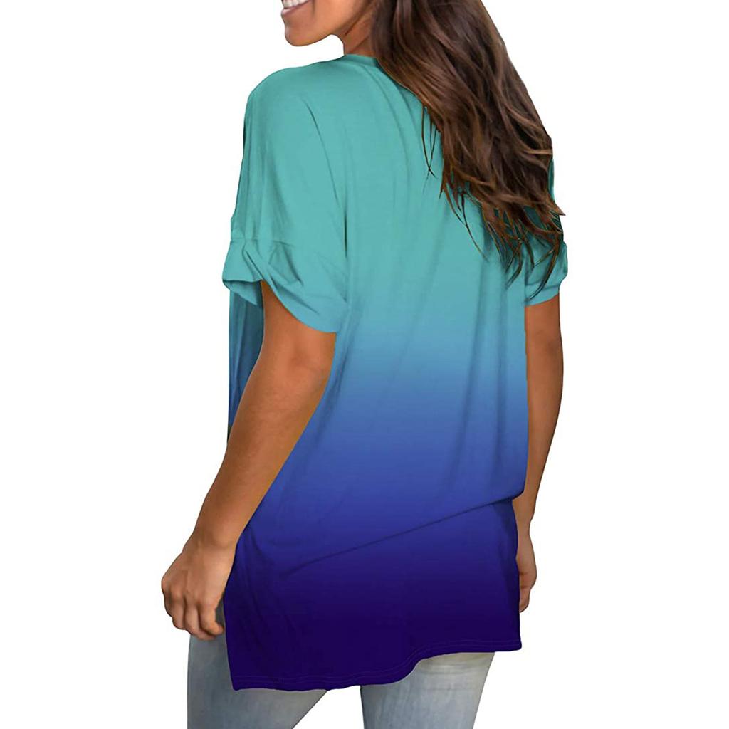 Summer New Tie Dye Gradient Color V-neck Short Sleeved Women's Fashionable and Trendy T-shirt